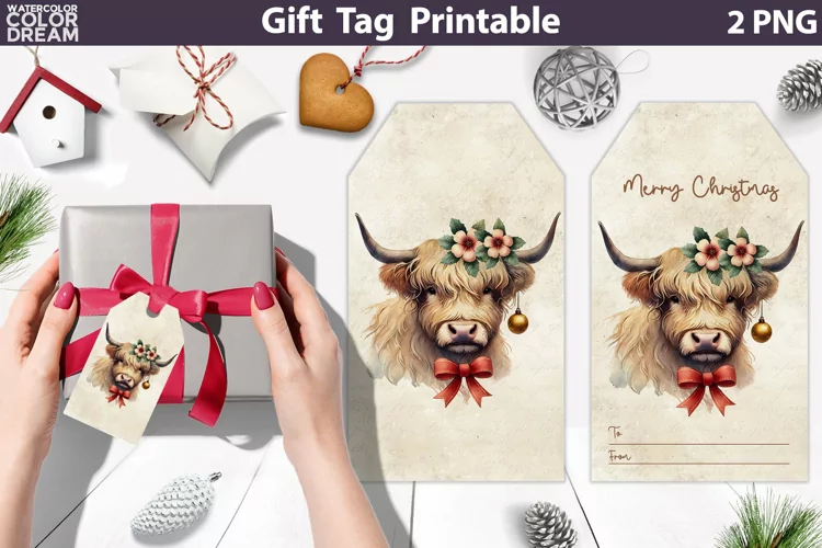 Christmas Highland Cow Gift Tags | Retro Christmas Tag