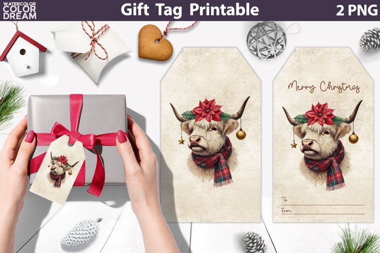 Christmas Highland Cow Gift Tags | Retro Christmas Tag
