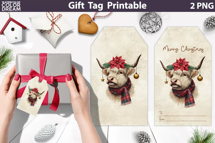 Christmas Highland Cow Gift Tags | Retro Christmas Tag