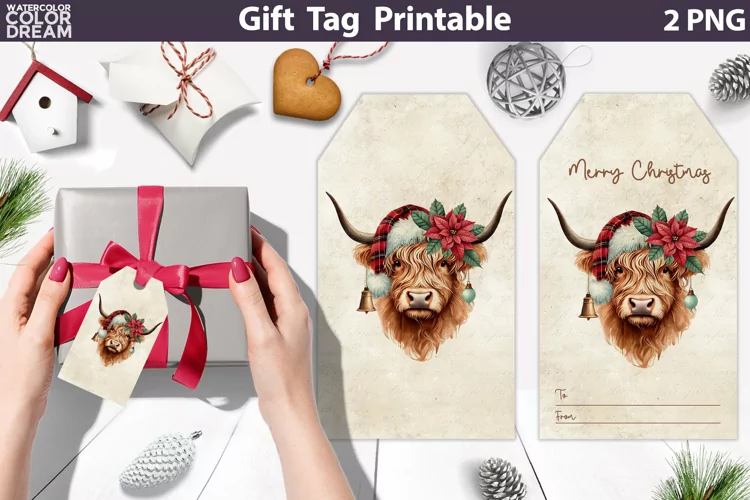 Christmas Highland Cow Gift Tags | Retro Christmas Tag