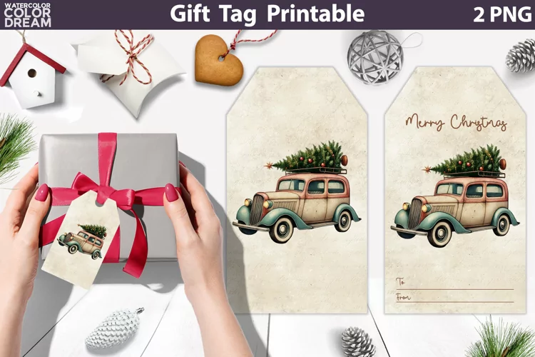 Christmas Car Gift Tags | Retro Christmas Tree Tag