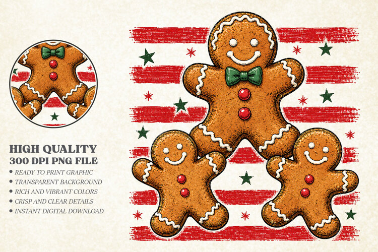 Retro Christmas Gingerbread PNG - Cute Holiday Shirt Art example image 1