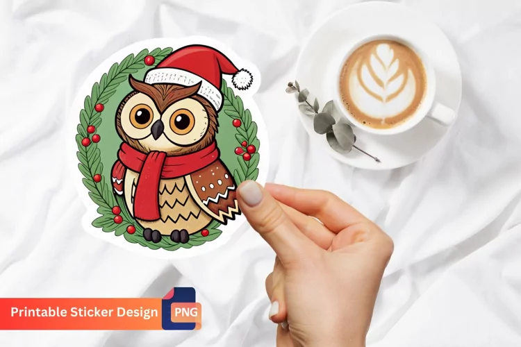 Retro Christmas Owl Sticker, Retro Owl Christmas Decorations