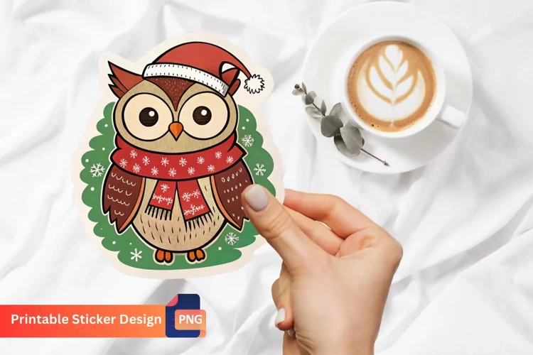 Retro Christmas Owl Sticker, Retro Owl Christmas Decorations