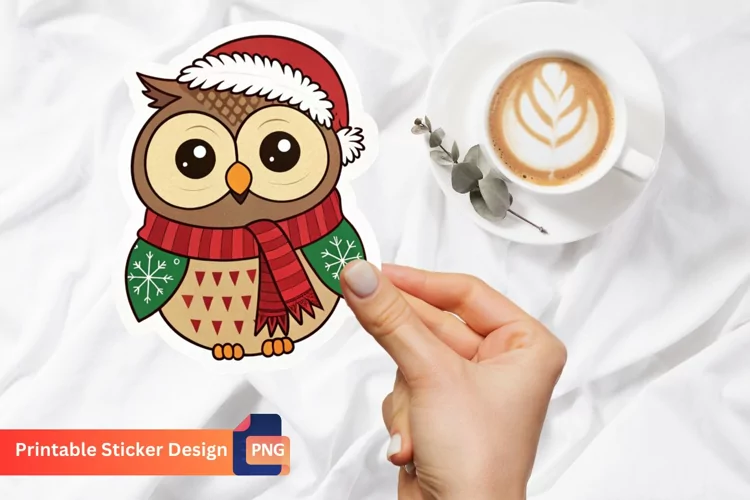 Retro Christmas Owl Sticker, Retro Owl Christmas Decorations