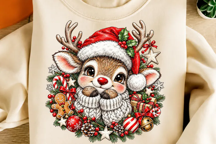 Cute Christmas Reindeer PNG | Santa Hat & Cozy Scarf Png