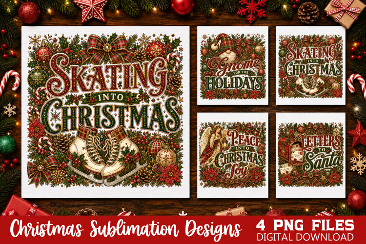 Retro Christmas Sublimation PNG, Vintage Skating example image 1