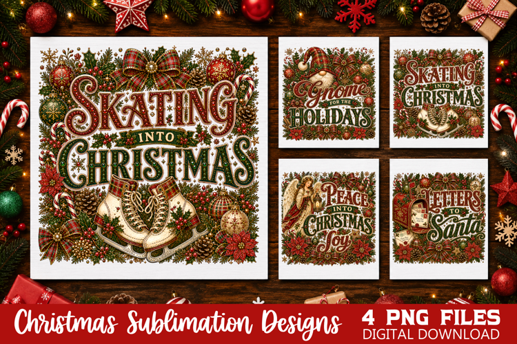 Retro Christmas Sublimation PNG, Vintage Skating
