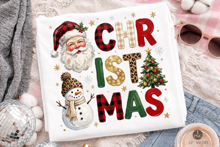 Retro Christmas T-Shirt PNG, Leopard Plaid Santa example image 1