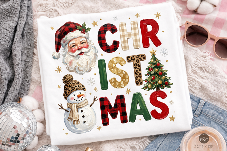 Retro Christmas T-Shirt PNG, Leopard Plaid Santa