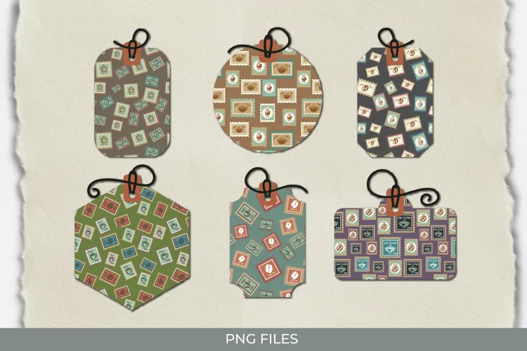 Retro Coffee Postage Patterned Shaped Tags