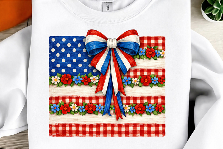 Retro Coquette American Flag PNG, Patriotic Bow Ditsy Floral example image 1