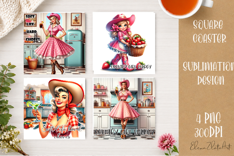 Retro Cowgirl Housewives Coaster Sublimation | Pink Western