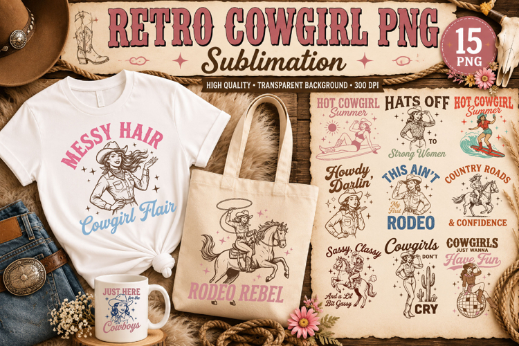 Retro Cowgirl PNG Designs | 15 Western Sublimation Designs