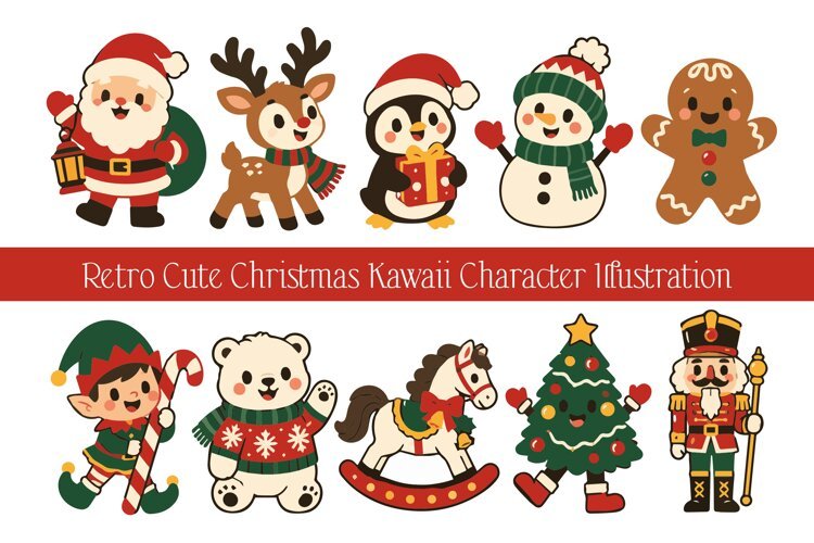 Retro Cute Christmas Kawaii Character Illustration Vector example image 1