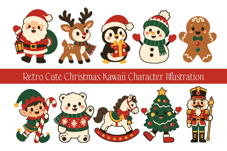 Retro Cute Christmas Kawaii Character Illustration Vector