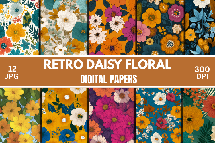 Retro Daisy Floral Digital Paper Pack for Scrapbooking