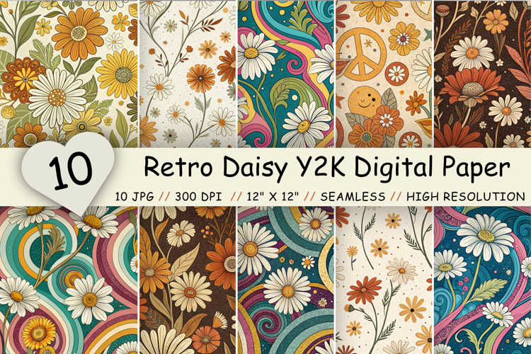 Retro Daisy Y2K Digital Paper Pack, Seamless 70s Floral