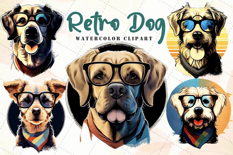 Retro Dog Watercolor Sublimation Clipart