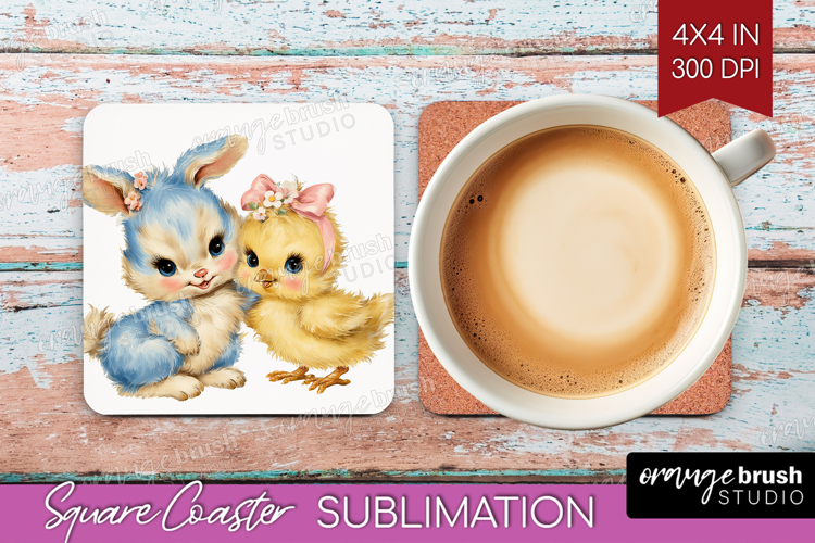 Retro Easter Square Coaster - Cute Animal Coaster PNG