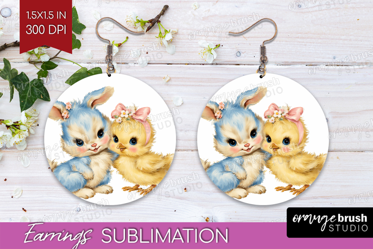Retro Easter Round Earrings - Cute Animal PNG Sublimation