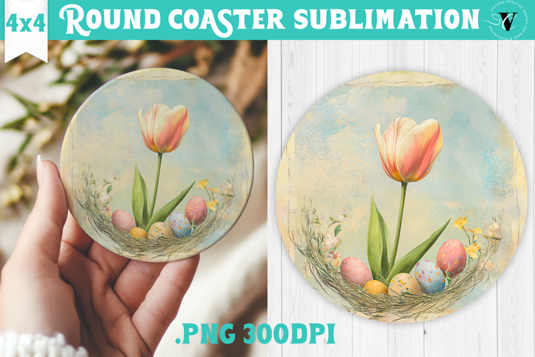 Retro Easter Round Coaster | Easter Tulip