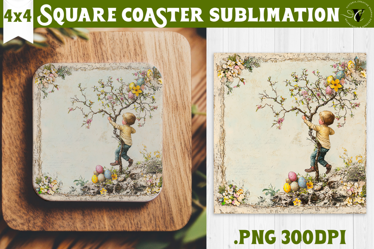 Retro Easter Square Coaster | Easter Little Boy
