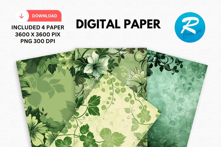 Retro Fabulous Green Floral Digital Paper, Floral Background