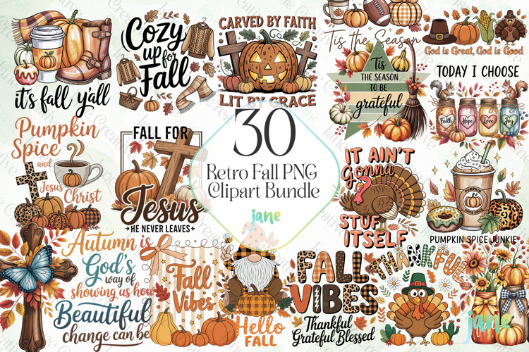 Retro Fall PNG Clipart Bundle