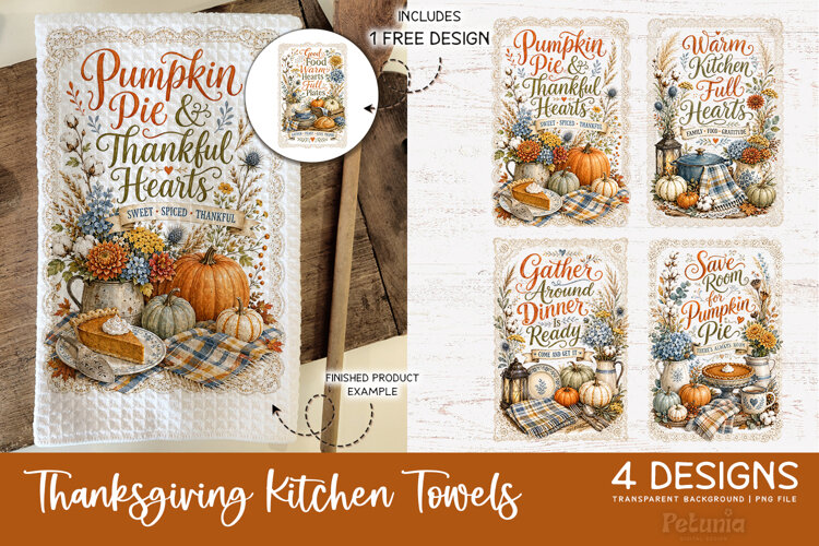 Retro Farmhouse Thanksgiving PNG trendy designs being used as fall kitchen tea towel prints
