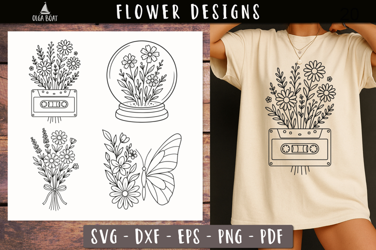 Retro Floral Line Art SVG Vintage print