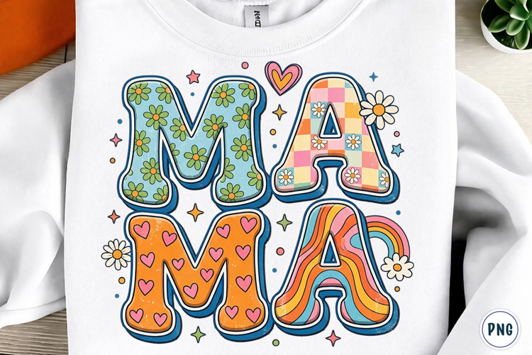 Retro Floral Mama Checkered Mom PNG example image 1