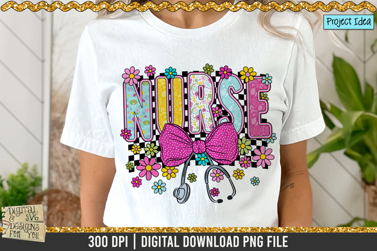 Floral Nurse PNG with Coquette Bow | Spring Nurse Design