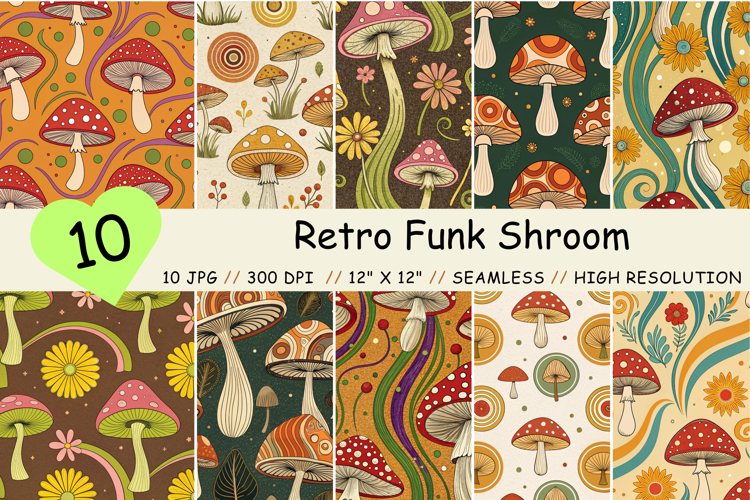 Retro Funk Shroom Digital Paper, Seamless Pattern