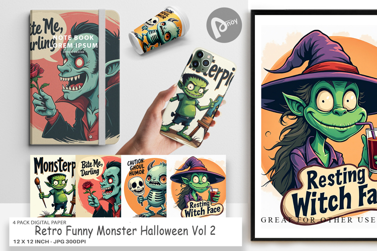 Digital Paper Halloween Retro Monster