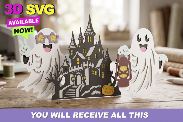 Cute Retro Ghost Haunted House 3D SVG