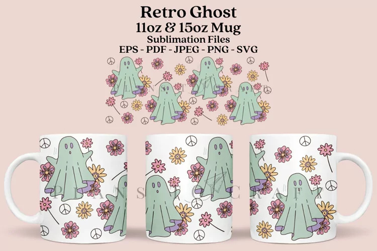 Retro Ghost Mug Sublimation Wrap SVG 11oz - 15