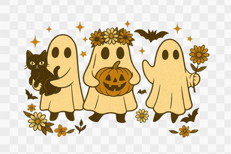 Retro Ghosts Black Cat Daisy Pumpkin Halloween PNG Design