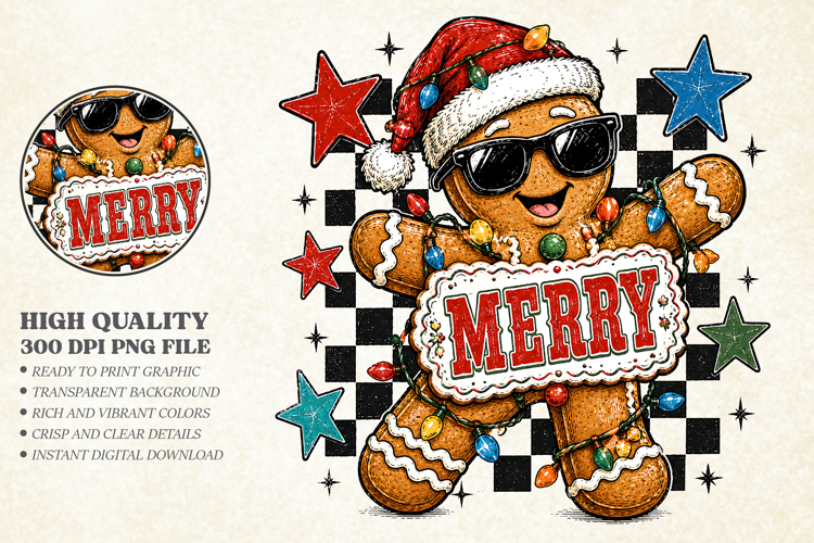 Retro Gingerbread Man Christmas PNG - Merry Shirt Art