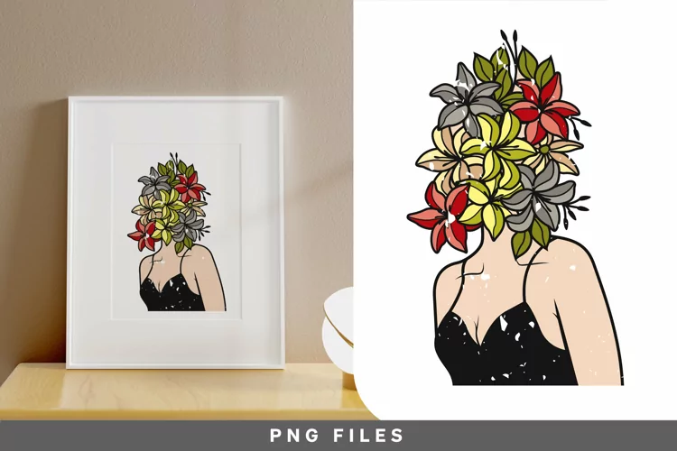 Girl with Lily Flowers as Her Head, Retro Sublimation Design