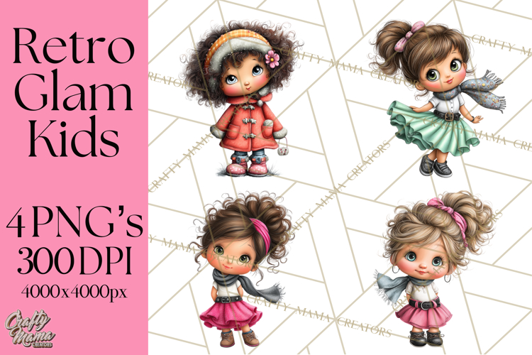 Retro Glam Kids Clipart PNG, Vintage Inspired Mini World