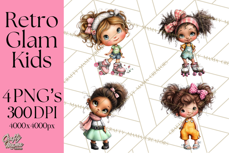 Retro Glam Kids Clipart PNG, Vintage Inspired Mini World