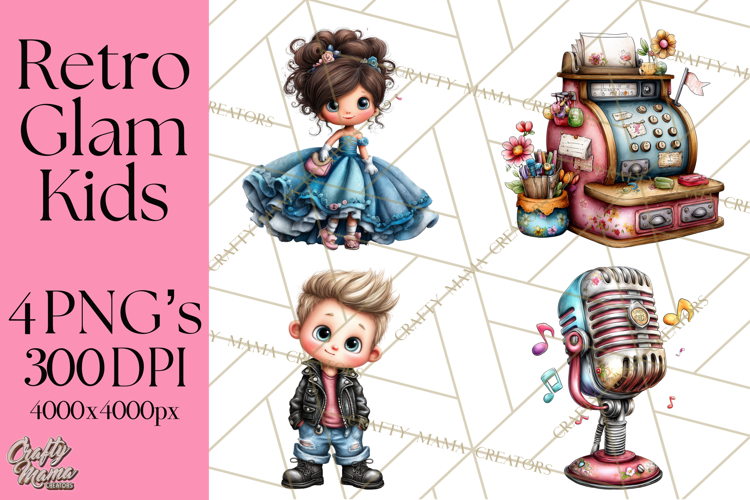 Retro Glam Kids Clipart PNG, Vintage Inspired Mini World