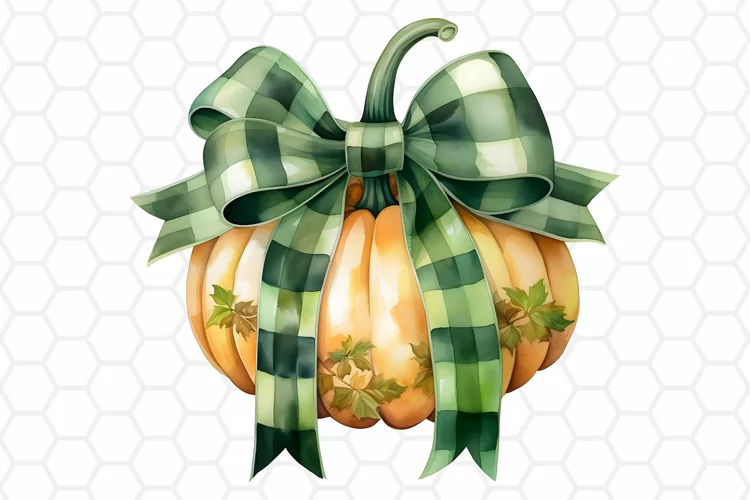 Retro Green Watercolor Fall Pumpkin Clipart, Sublimation PNG