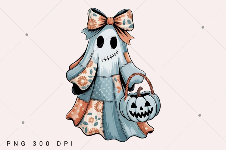Retro Halloween Blue Denim Ghost Png, Patchwork Spooky Ghost