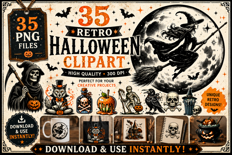 Retro Halloween Clipart Bundle PNG Vintage Halloween Art
