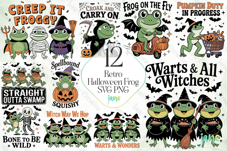Retro Halloween Frog SVG PNG Bundle