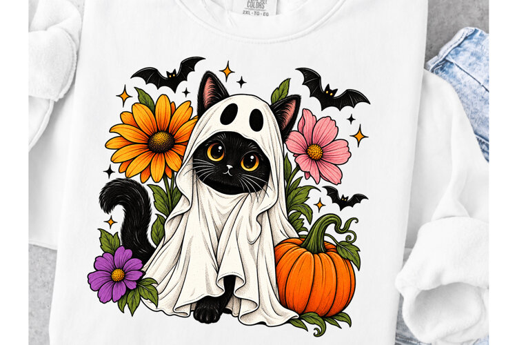 Retro Halloween Ghost And Cat Svg Png, Spooky Ghost example image 1