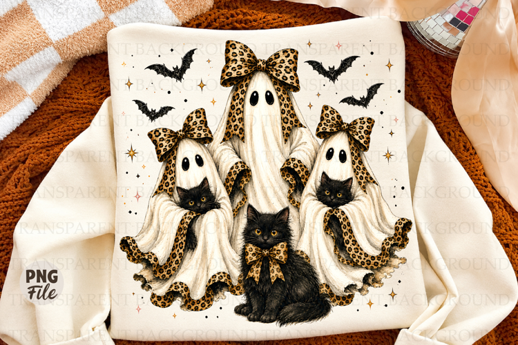 Retro Halloween Ghost & Cat PNG Spooky Leopard Print Design