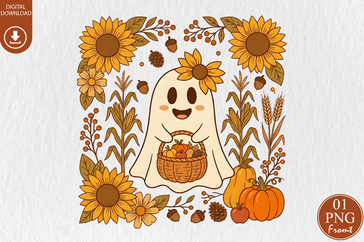 Retro Halloween Ghost PNG, Fall Floral Sublimation